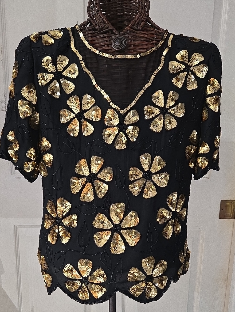 Laurence Kazar Black Top with Gold Sequin Floral Motifs-Size Large